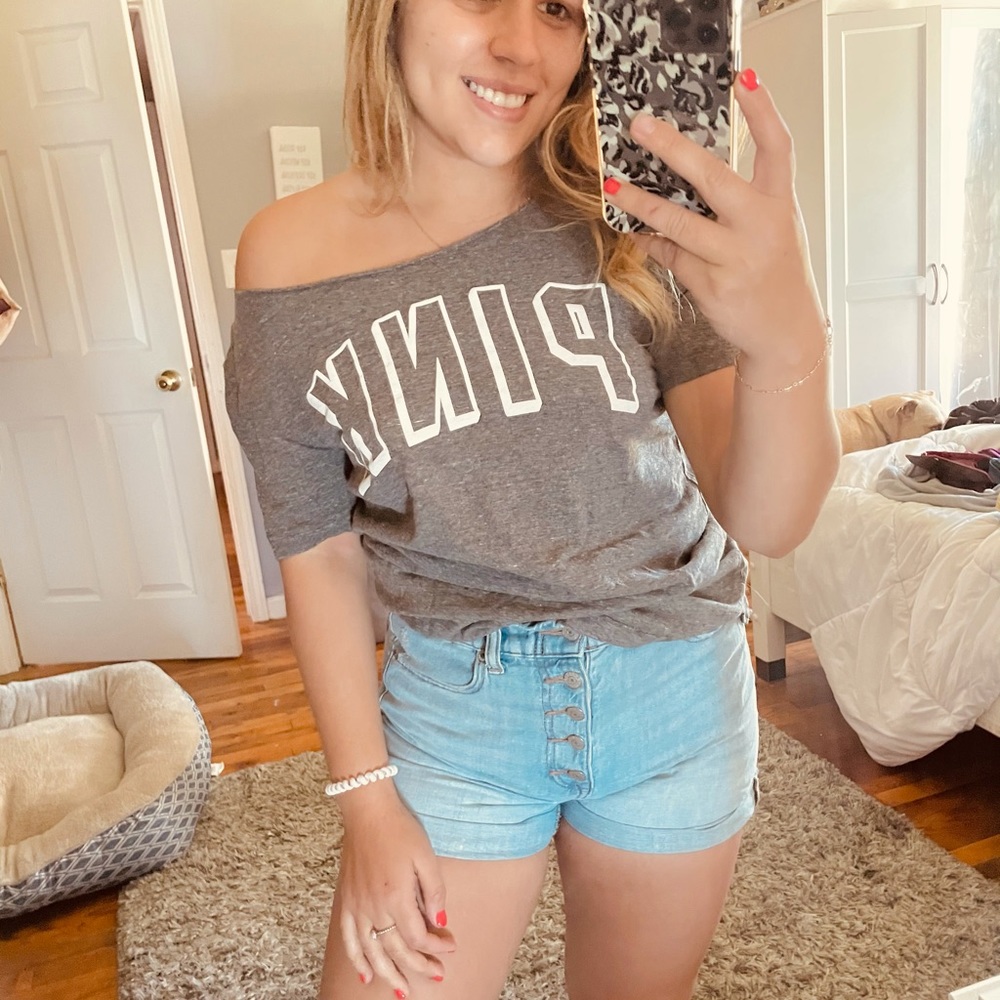 Gray pink off the shoulder shirt!